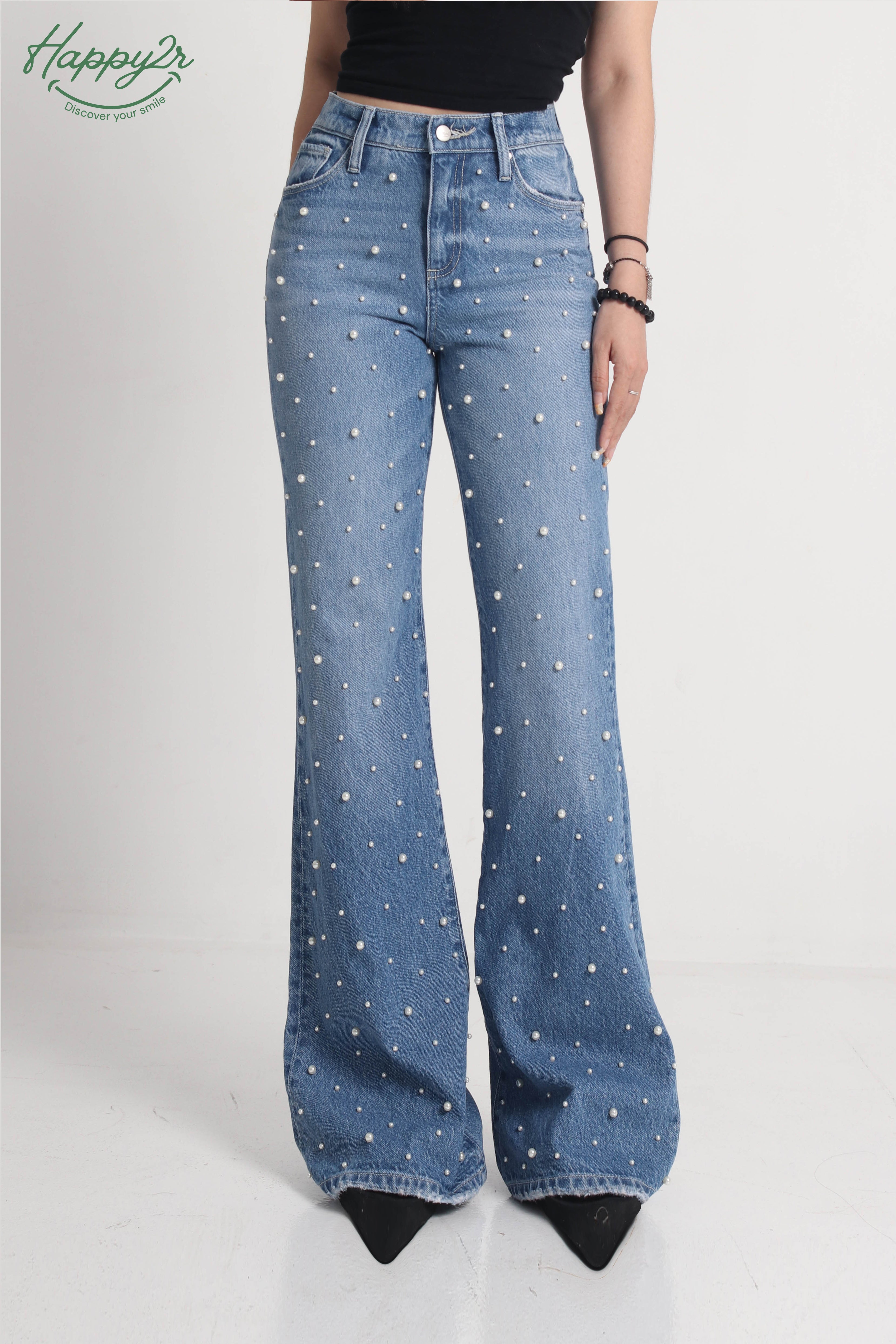 Super High-Rise Medium Wash Wide-Leg Embellished Jeans